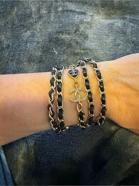 CHANEL Black and Gold Multi-Strand Chain for glasses Wrap Bracelet with CC Charm